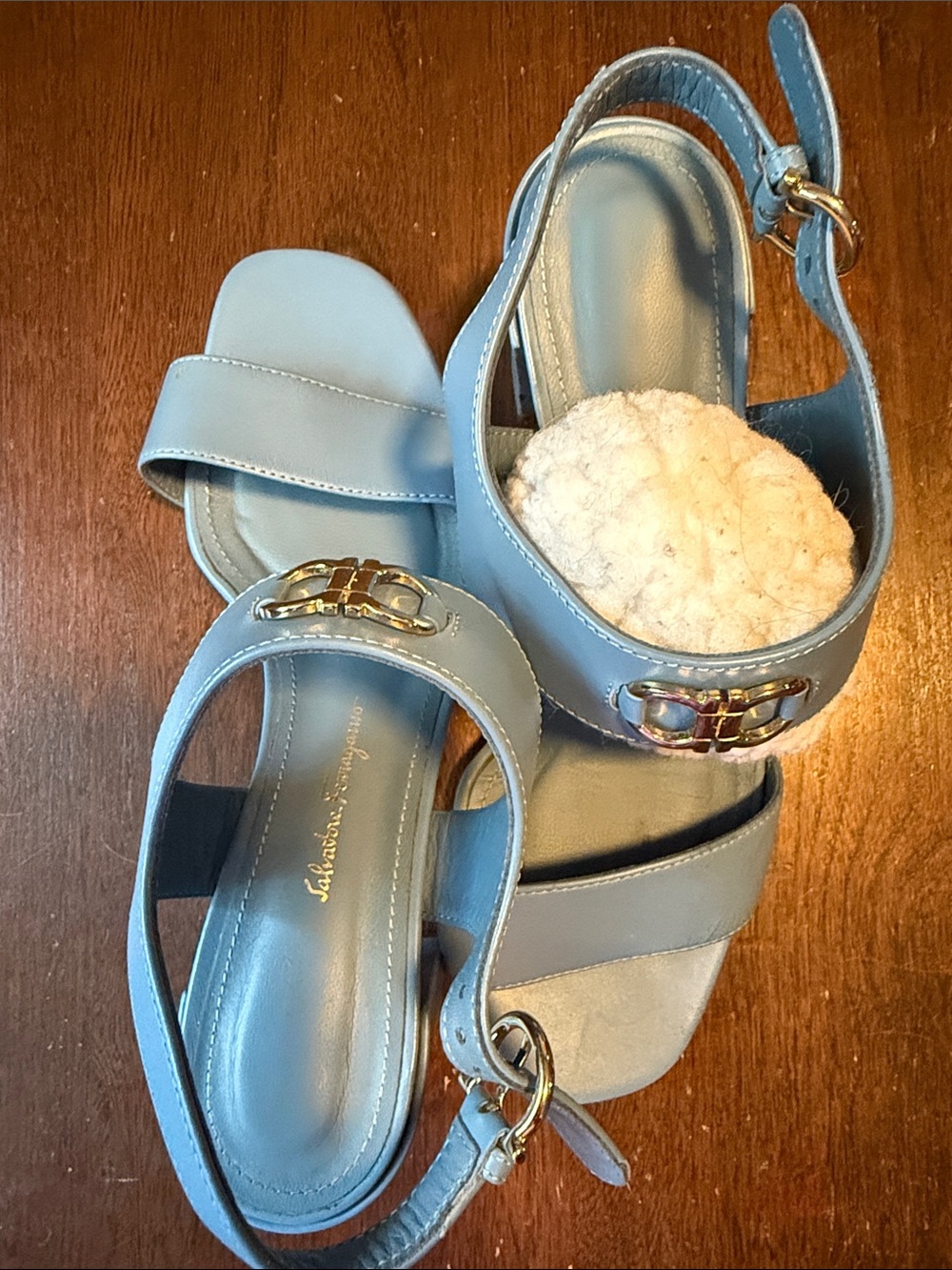 Salvatore Ferragamo Light Blue Leather Sandals with Gold Buckle